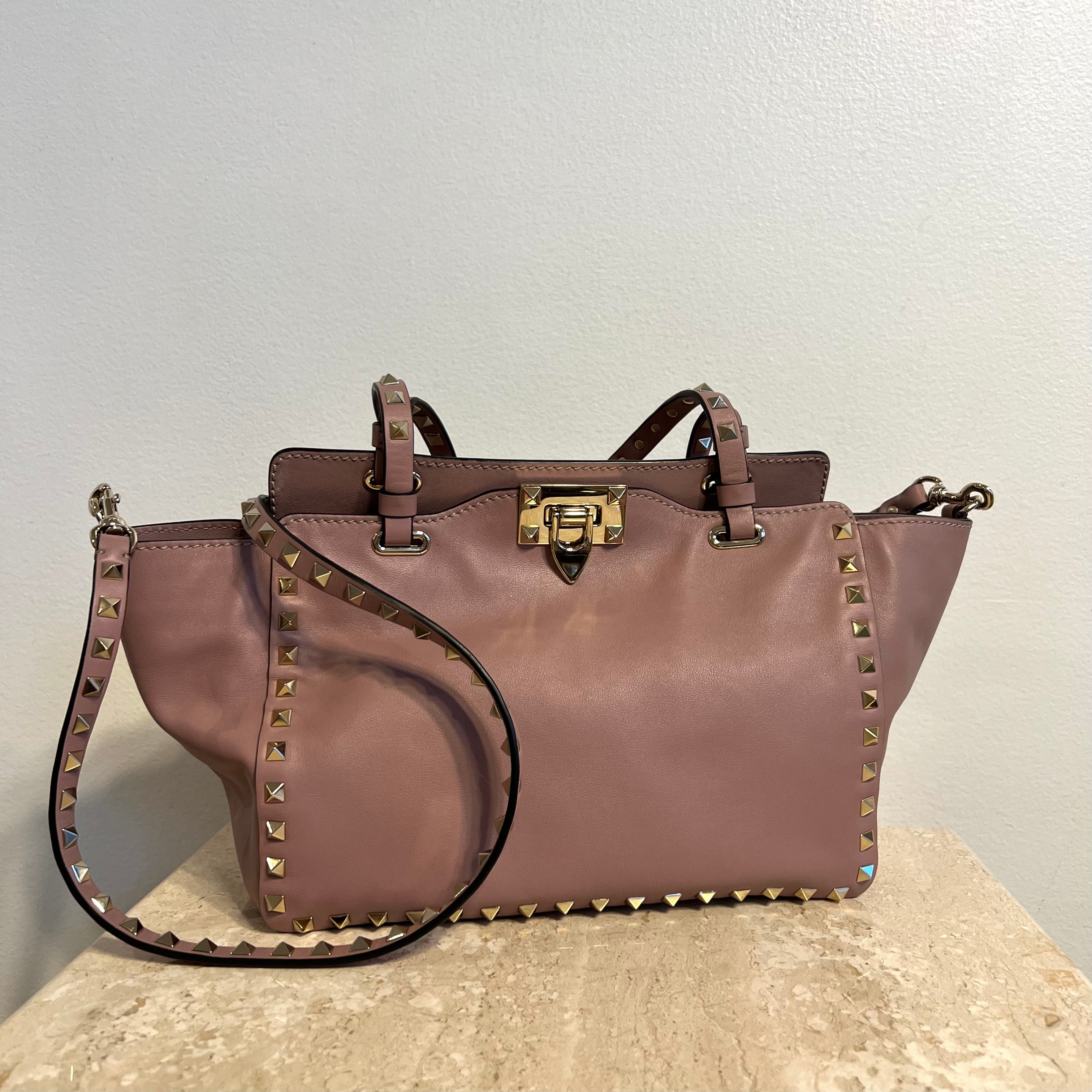 Pre-owned VALENTINO Small Rockstud Tote in Poudre