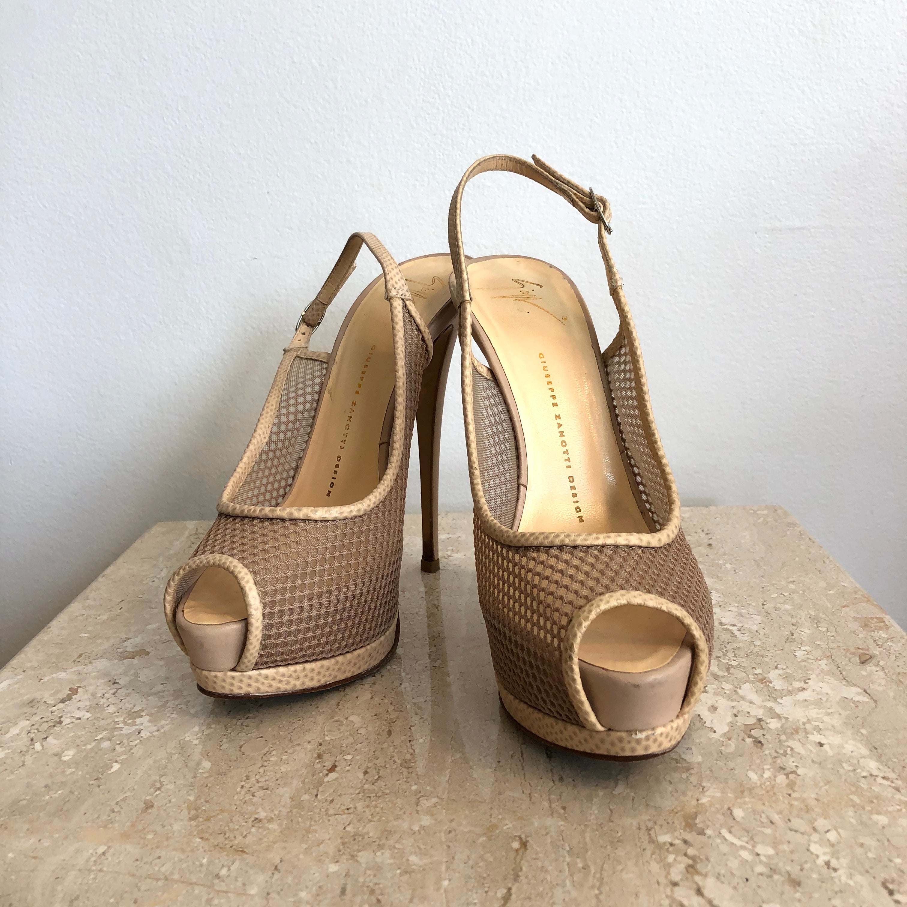 Pre-Owned GIUSEPPE ZANOTTI Nude Mesh Sling Backs - Size 38.5