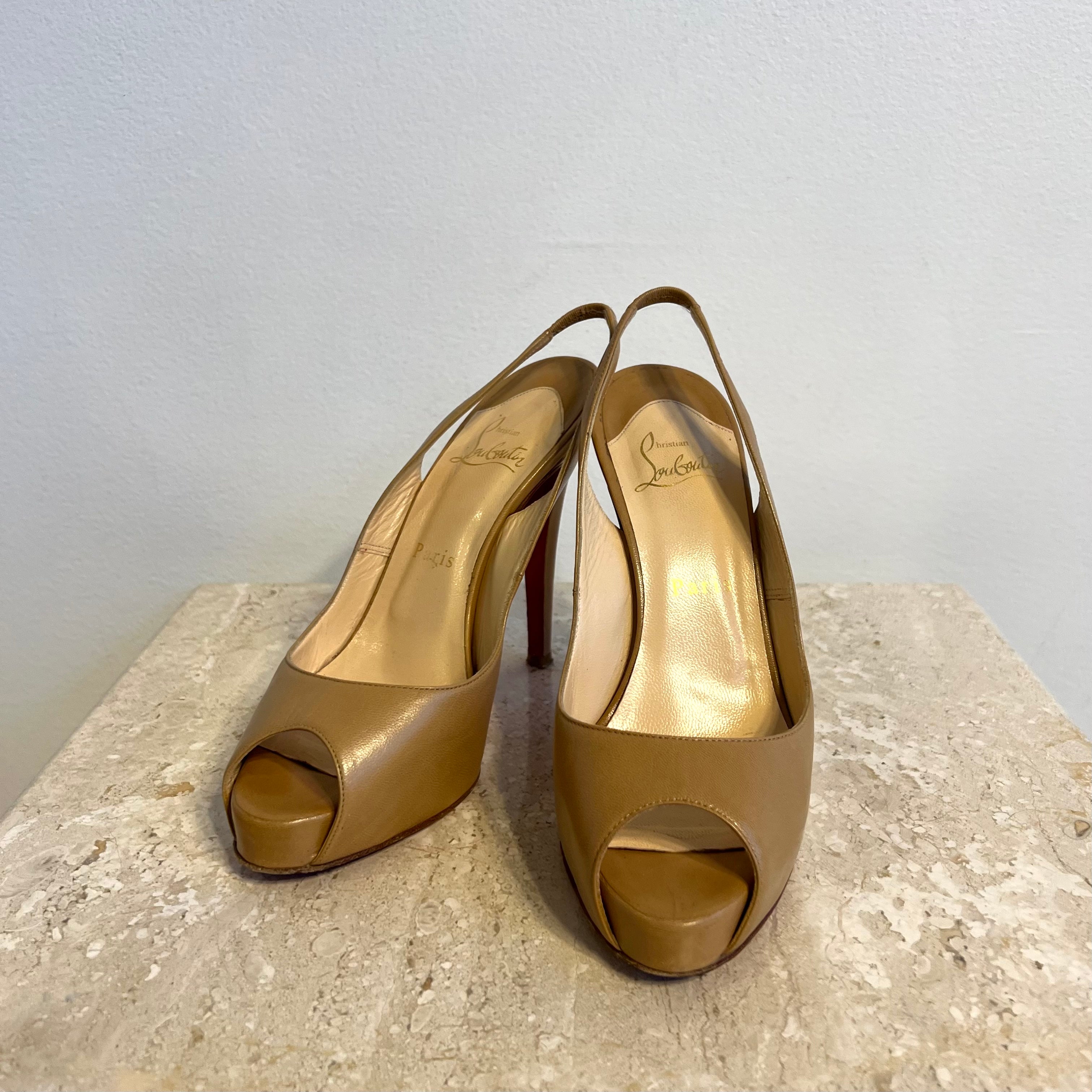 Pre owned CHRISTIAN LOUBOUTIN Tan Leather Platform Peep Toe