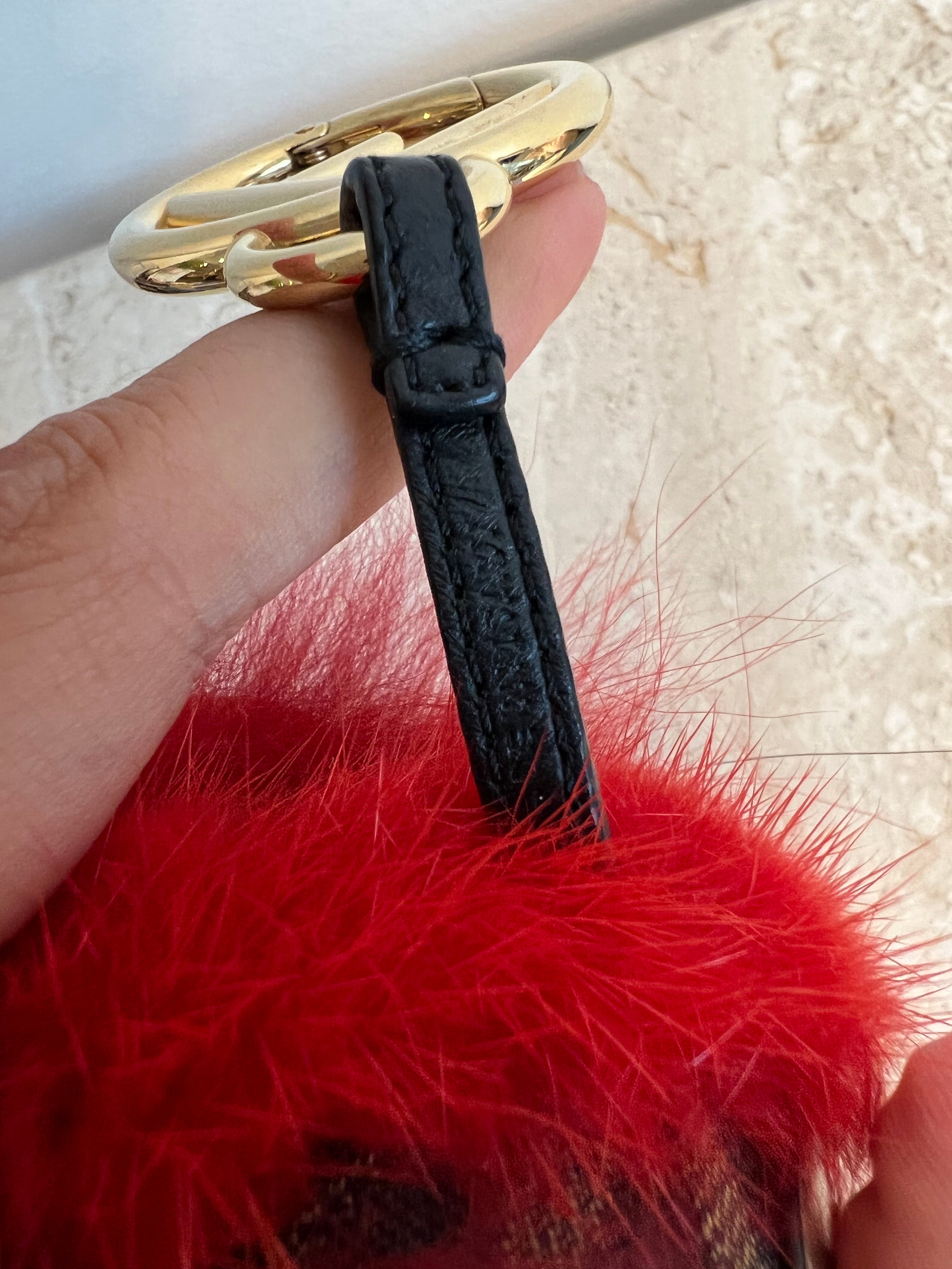 Pre-Owned FENDI Zucca & Red Fur Monster Key Ring