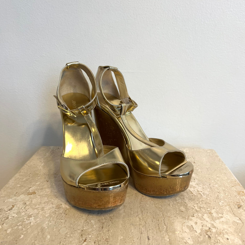 Pre-Owned JIMMY CHOO Gold Leather/Cork Pela Wedge - size  36.5