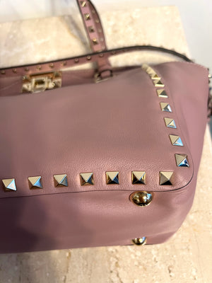 Pre-owned VALENTINO Small Rockstud Tote in Poudre