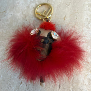 Pre-Owned FENDI Zucca & Red Fur Monster Key Ring