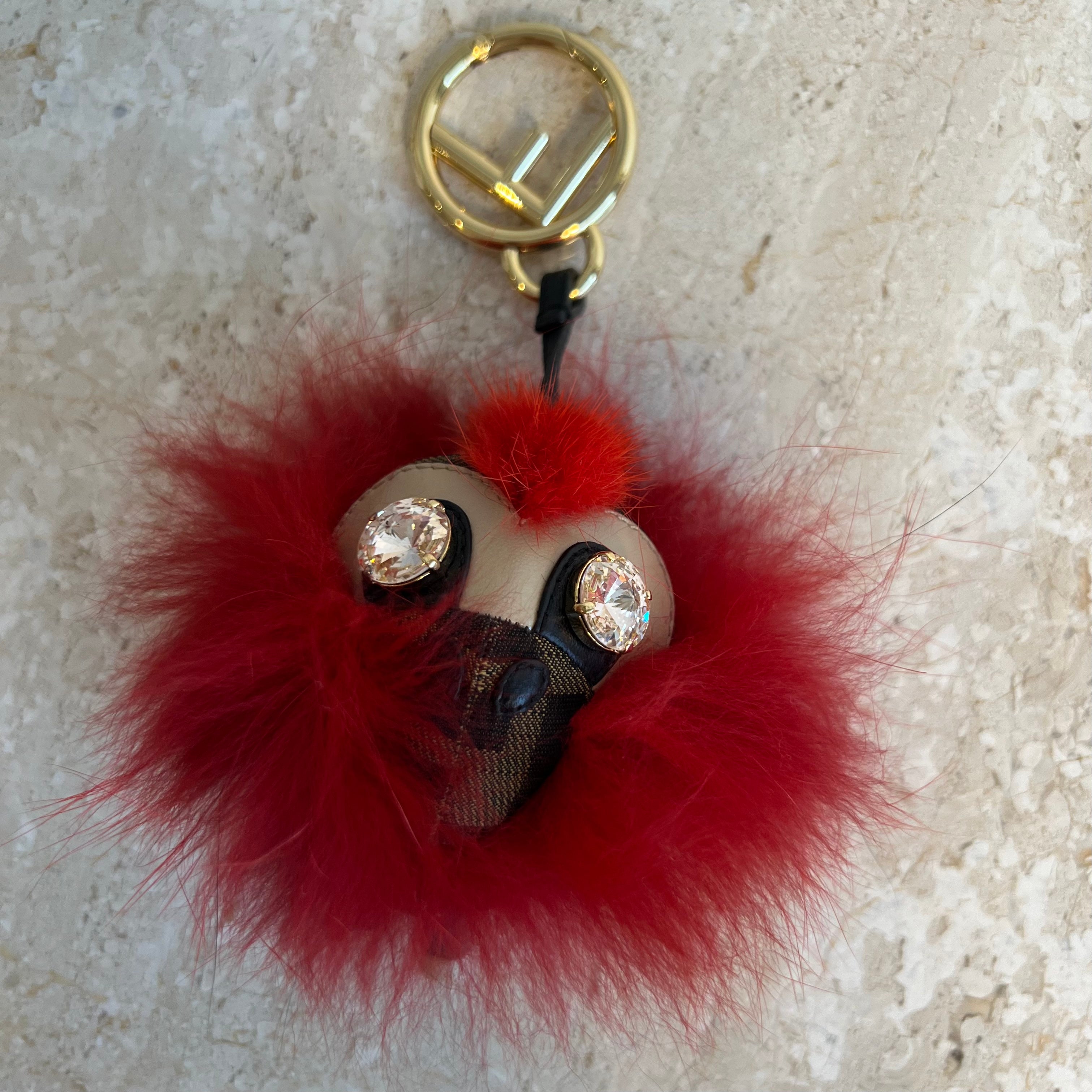 Pre-Owned FENDI Zucca & Red Fur Monster Key Ring