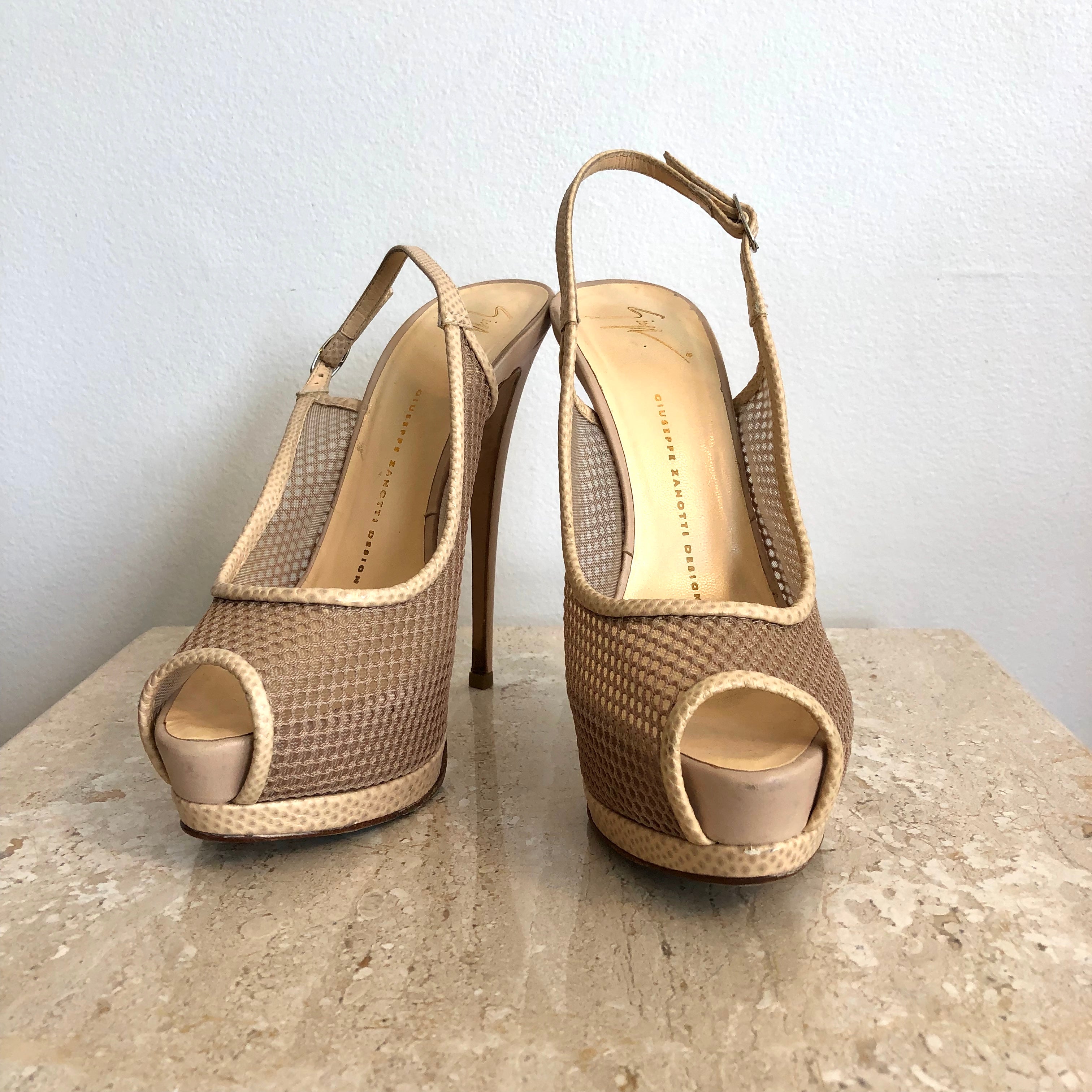 Pre-Owned GIUSEPPE ZANOTTI Nude Mesh Sling Backs - Size 38.5