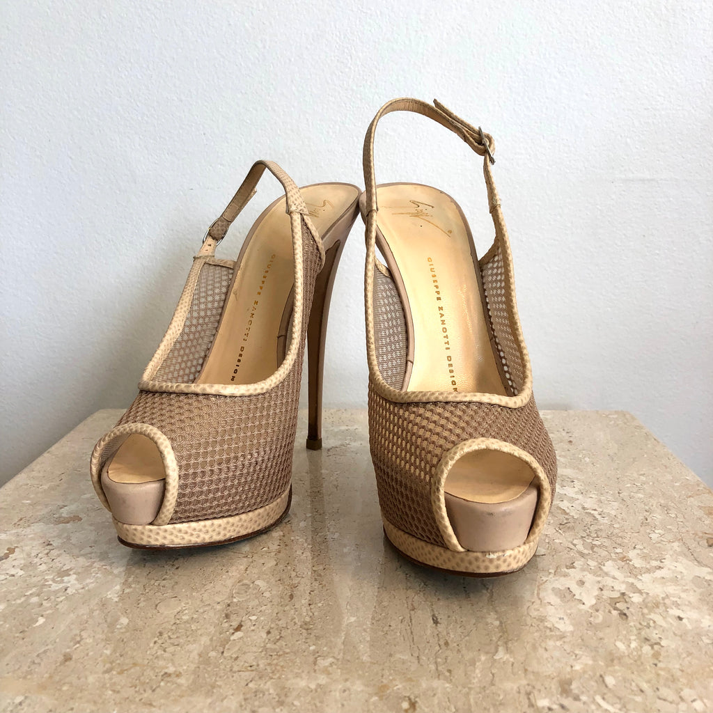 Pre-Owned GIUSEPPE ZANOTTI Nude Mesh Sling Backs - Size 38.5